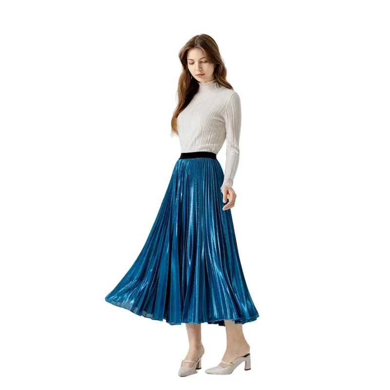 A121 Women metallic knit full circle sunburst pleated midi party skirt