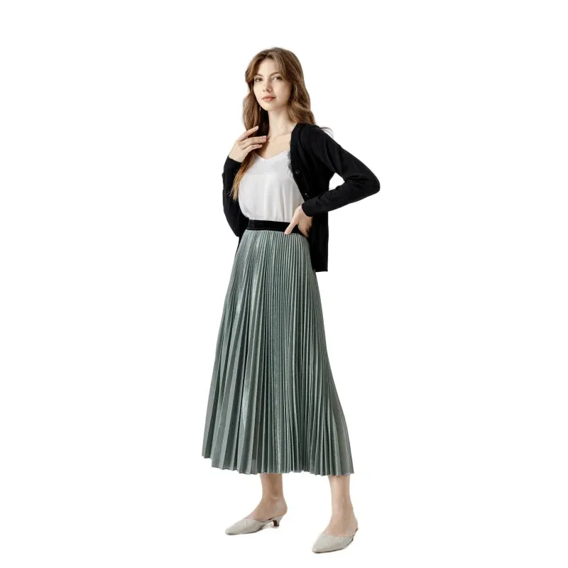 A121 Women metallic knit full circle sunburst pleated midi party skirt