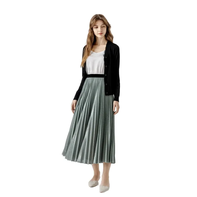 A121 Women metallic knit full circle sunburst pleated midi party skirt