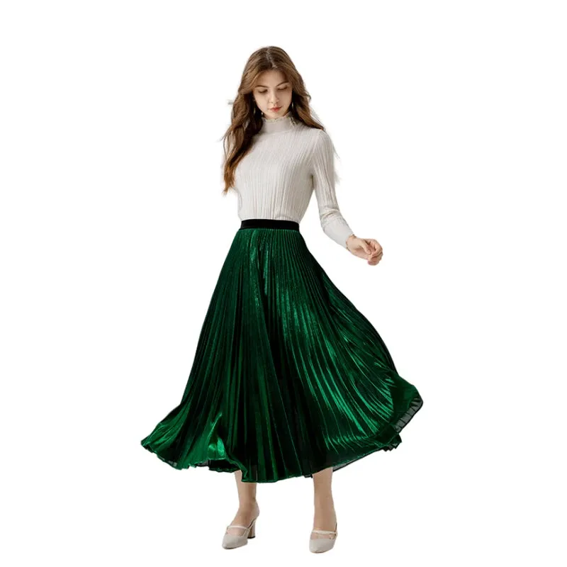 A121 Women metallic knit full circle sunburst pleated midi party skirt