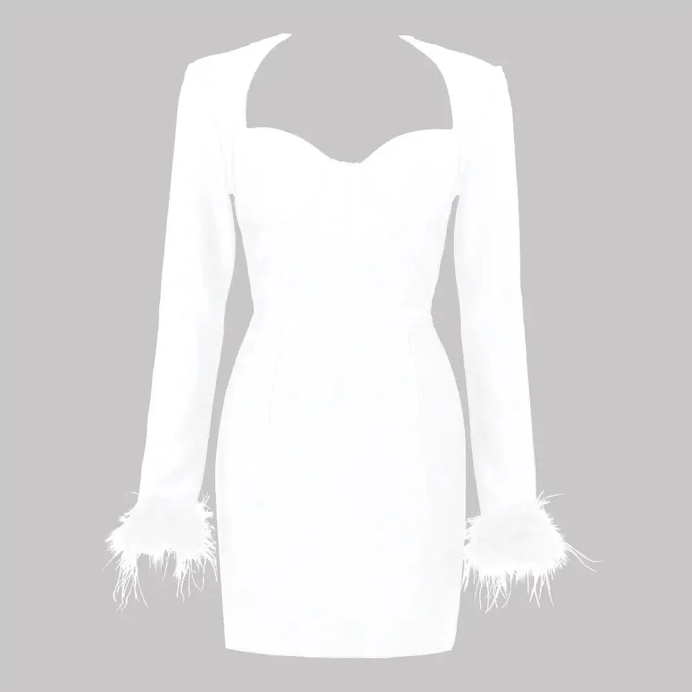 A&A Luxe Long Sleeve Feathers Mini Bodycon Bandage Dress