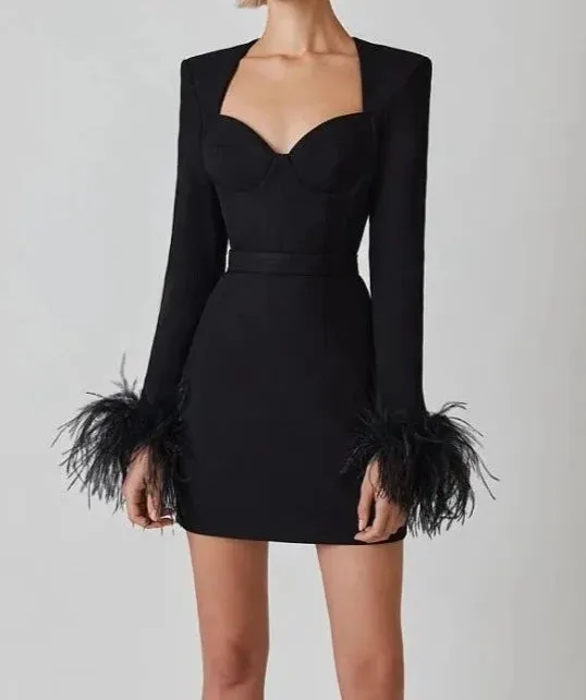 A&A Luxe Long Sleeve Feathers Mini Bodycon Bandage Dress