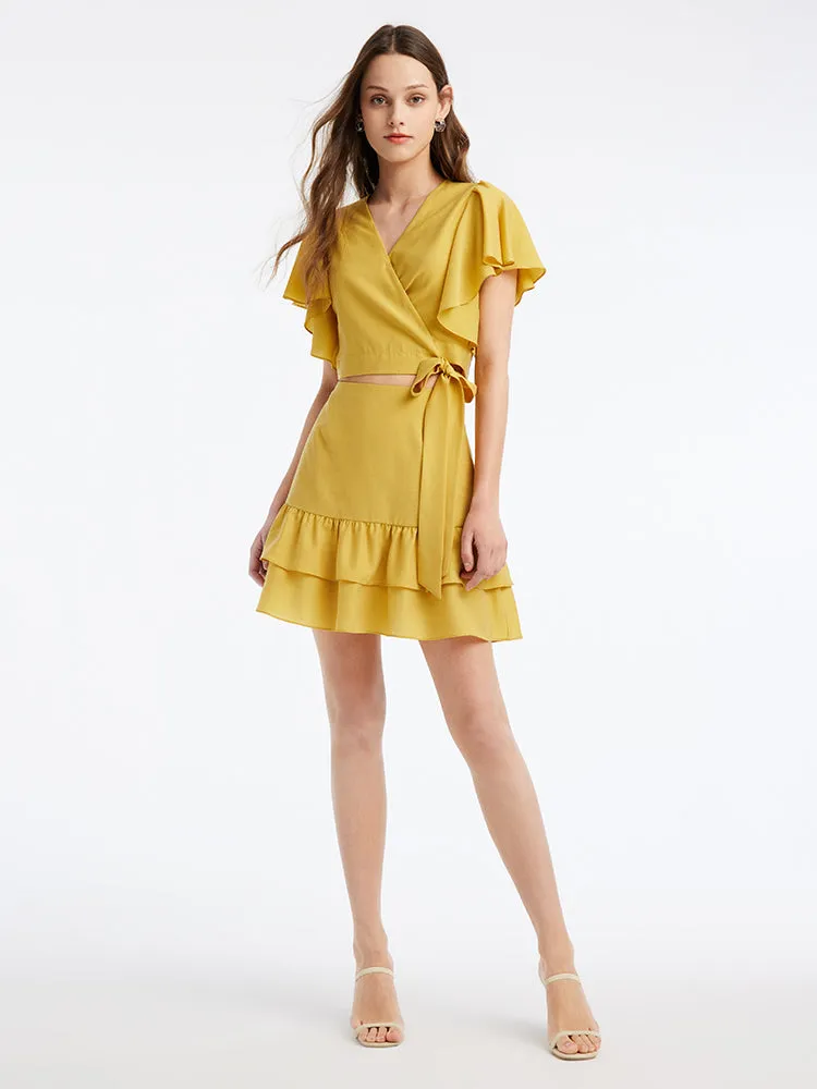 Acetate Ruffle Sleeve Women Blouse And Skirt Two-Piece Set