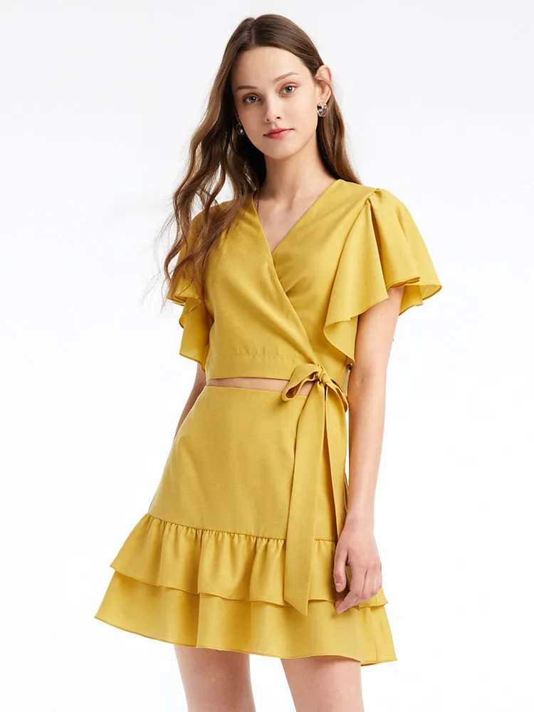 Acetate Ruffle Sleeve Women Blouse And Skirt Two-Piece Set