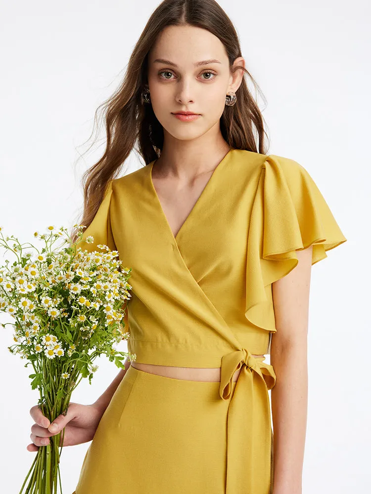 Acetate Ruffle Sleeve Women Blouse And Skirt Two-Piece Set