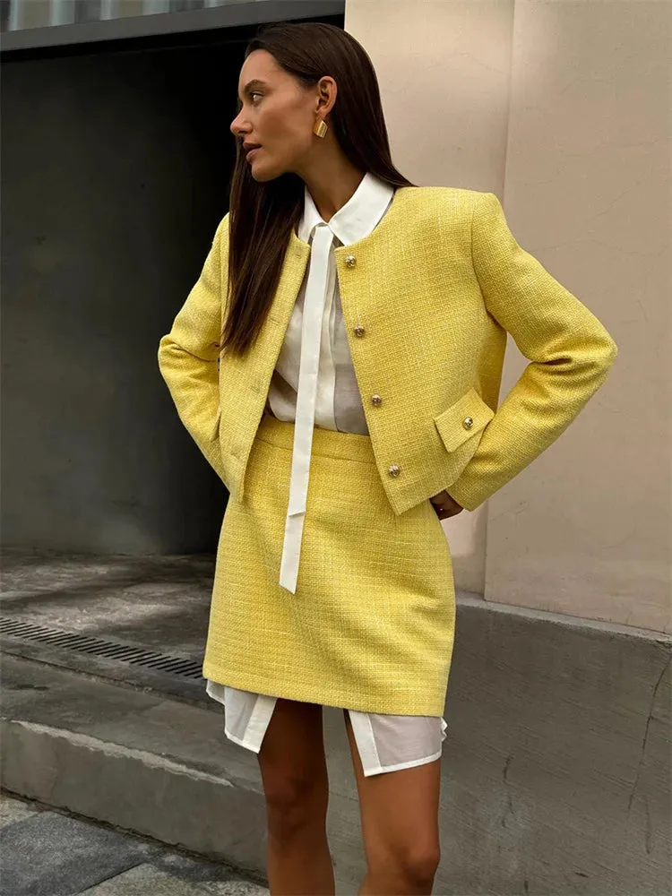 Advbridge Fashion Luxury 2 Piece-Set Skirt Female Elegant Pocket Suit Coat And High Waist Solid Skirt Sets Women's Autumn Outfits