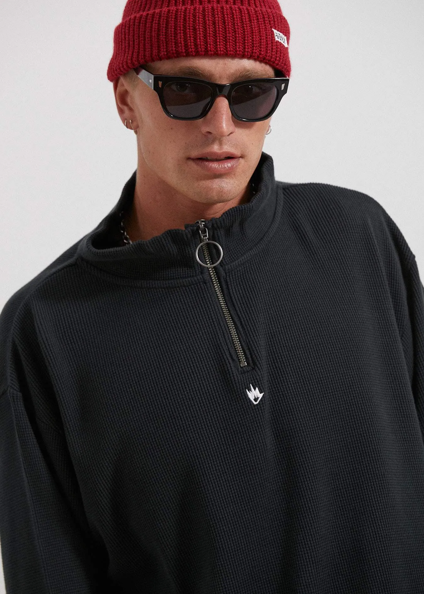 Afends Mens Cooper - Half Zip Crew Neck - Black