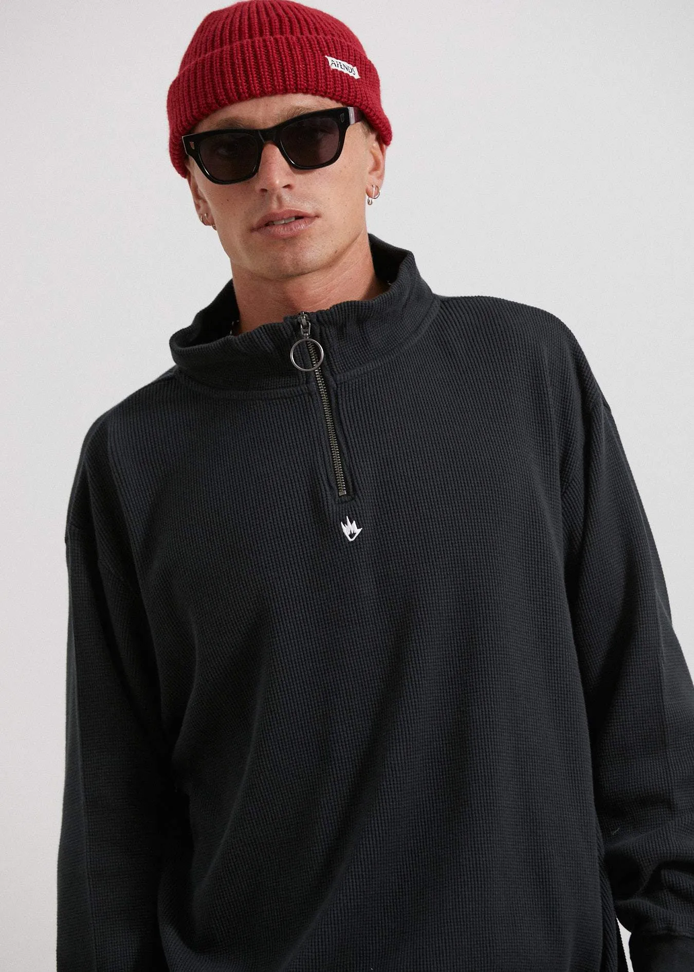 Afends Mens Cooper - Half Zip Crew Neck - Black