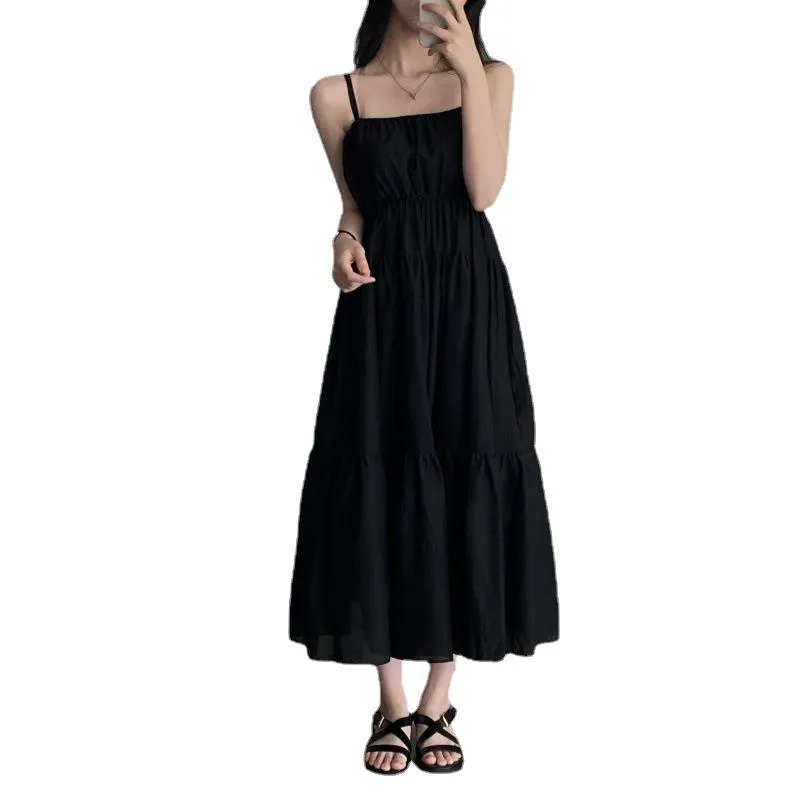 Aiertu church outfit Chic Summer Holiday Style Suspender Skirt Simple Design Pleated Stitching Elastic Waist Solid Color Large Swing Dress