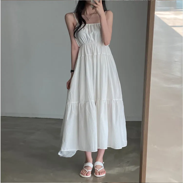 Aiertu church outfit Chic Summer Holiday Style Suspender Skirt Simple Design Pleated Stitching Elastic Waist Solid Color Large Swing Dress