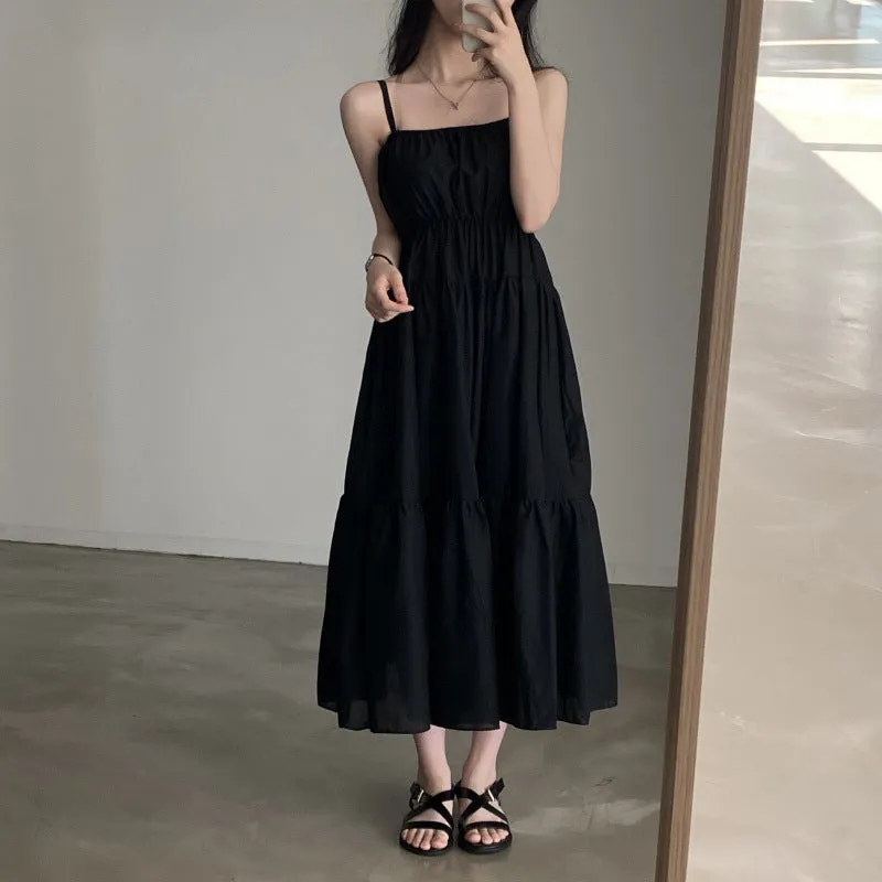 Aiertu church outfit Chic Summer Holiday Style Suspender Skirt Simple Design Pleated Stitching Elastic Waist Solid Color Large Swing Dress