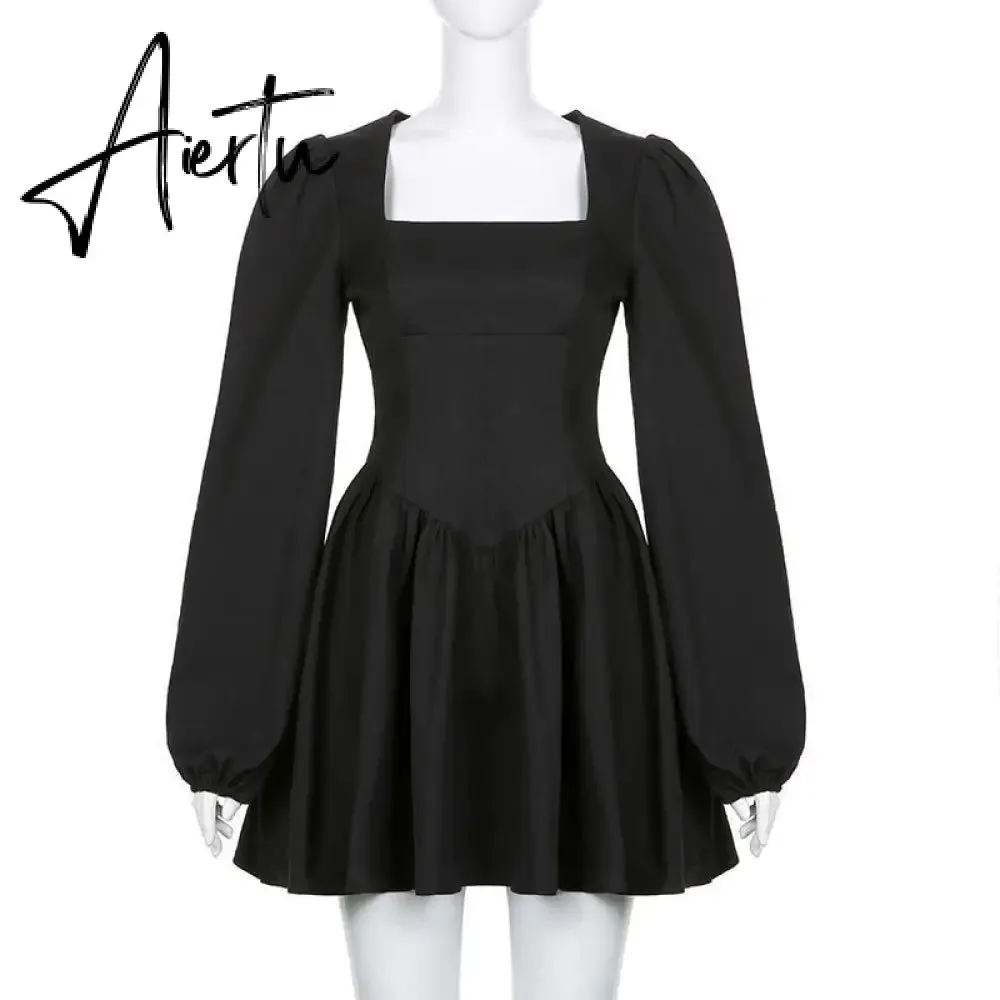 Aiertu  New Fashion Elegant Puff Long Sleeve Black Dress Women Corset Summer Clothes Goth Sexy Party Club Outfits Mini Pleated Skirt Y2k