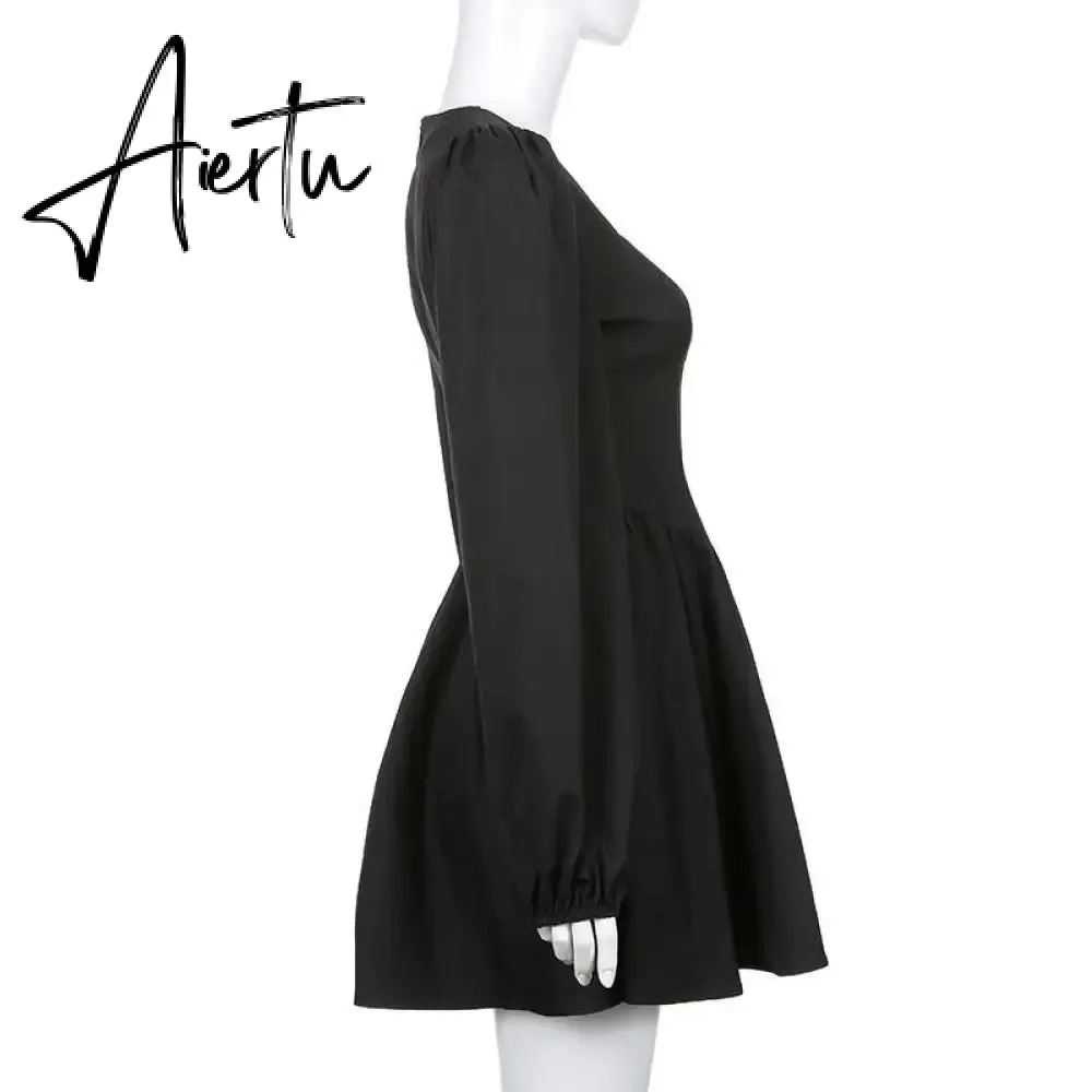 Aiertu  New Fashion Elegant Puff Long Sleeve Black Dress Women Corset Summer Clothes Goth Sexy Party Club Outfits Mini Pleated Skirt Y2k