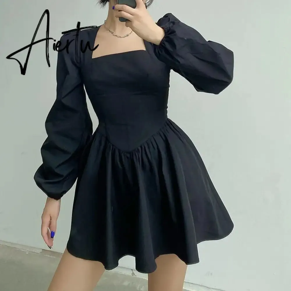 Aiertu  New Fashion Elegant Puff Long Sleeve Black Dress Women Corset Summer Clothes Goth Sexy Party Club Outfits Mini Pleated Skirt Y2k