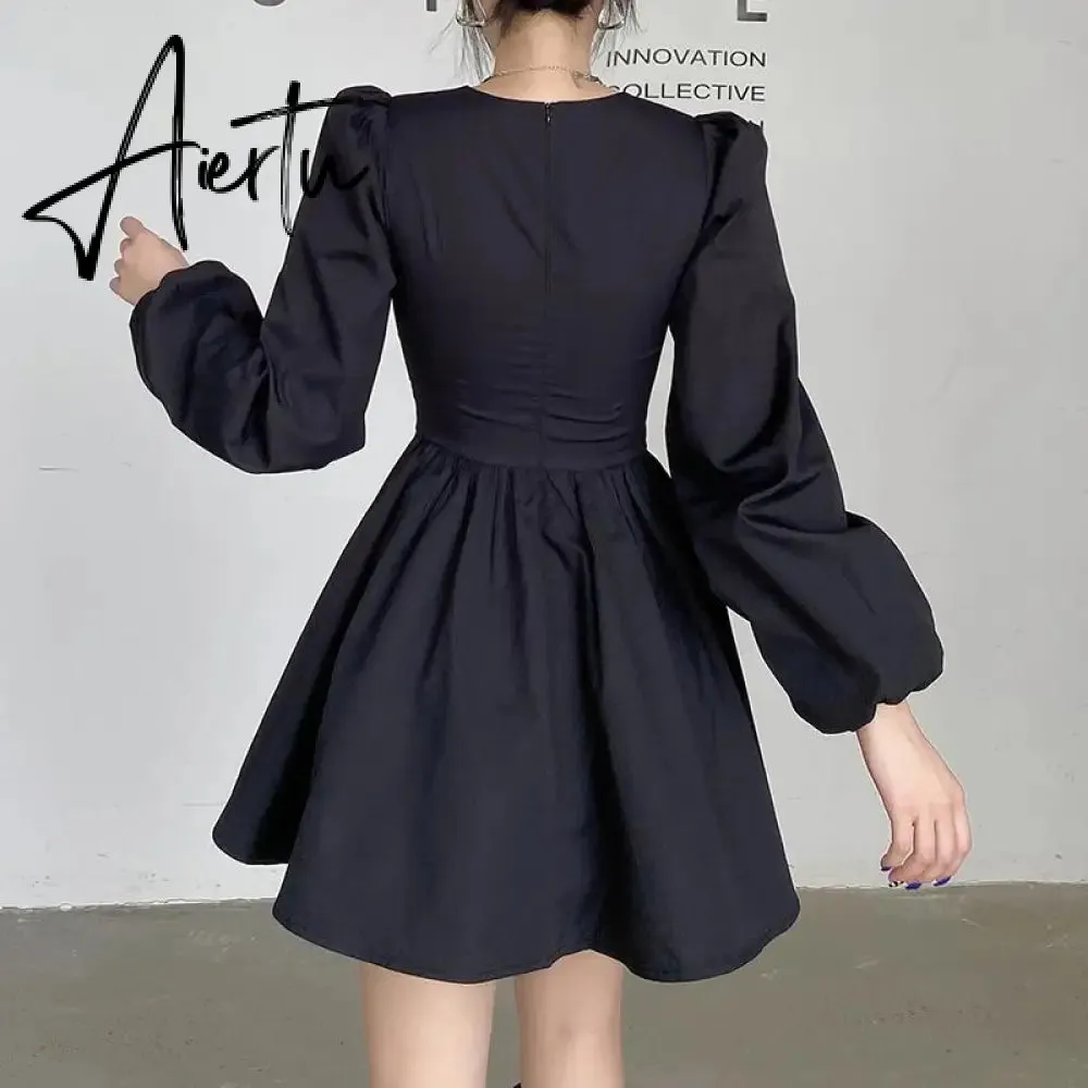 Aiertu  New Fashion Elegant Puff Long Sleeve Black Dress Women Corset Summer Clothes Goth Sexy Party Club Outfits Mini Pleated Skirt Y2k