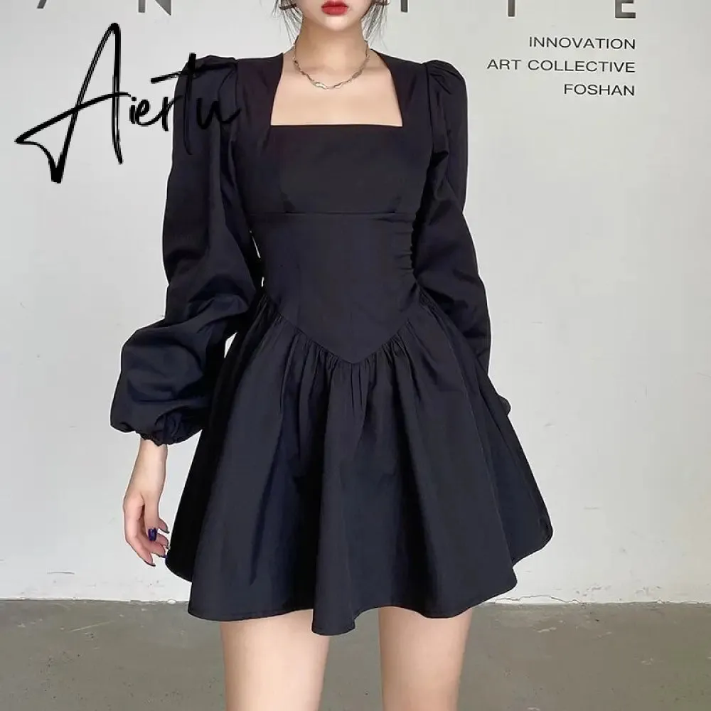 Aiertu  New Fashion Elegant Puff Long Sleeve Black Dress Women Corset Summer Clothes Goth Sexy Party Club Outfits Mini Pleated Skirt Y2k