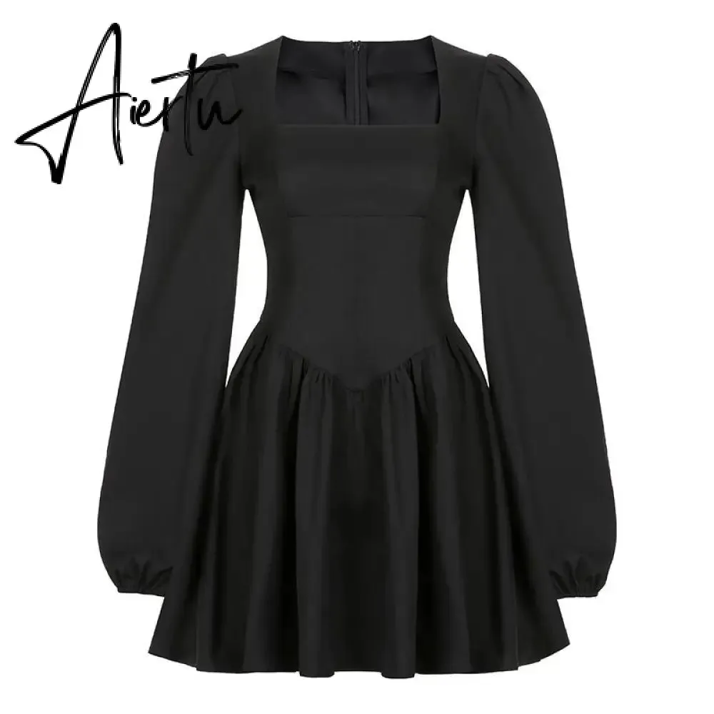 Aiertu  New Fashion Elegant Puff Long Sleeve Black Dress Women Corset Summer Clothes Goth Sexy Party Club Outfits Mini Pleated Skirt Y2k