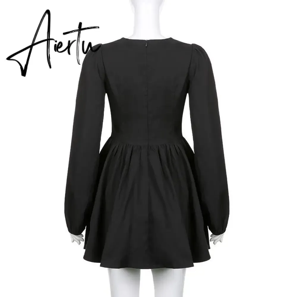 Aiertu  New Fashion Elegant Puff Long Sleeve Black Dress Women Corset Summer Clothes Goth Sexy Party Club Outfits Mini Pleated Skirt Y2k