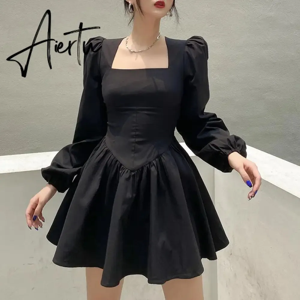 Aiertu  New Fashion Elegant Puff Long Sleeve Black Dress Women Corset Summer Clothes Goth Sexy Party Club Outfits Mini Pleated Skirt Y2k