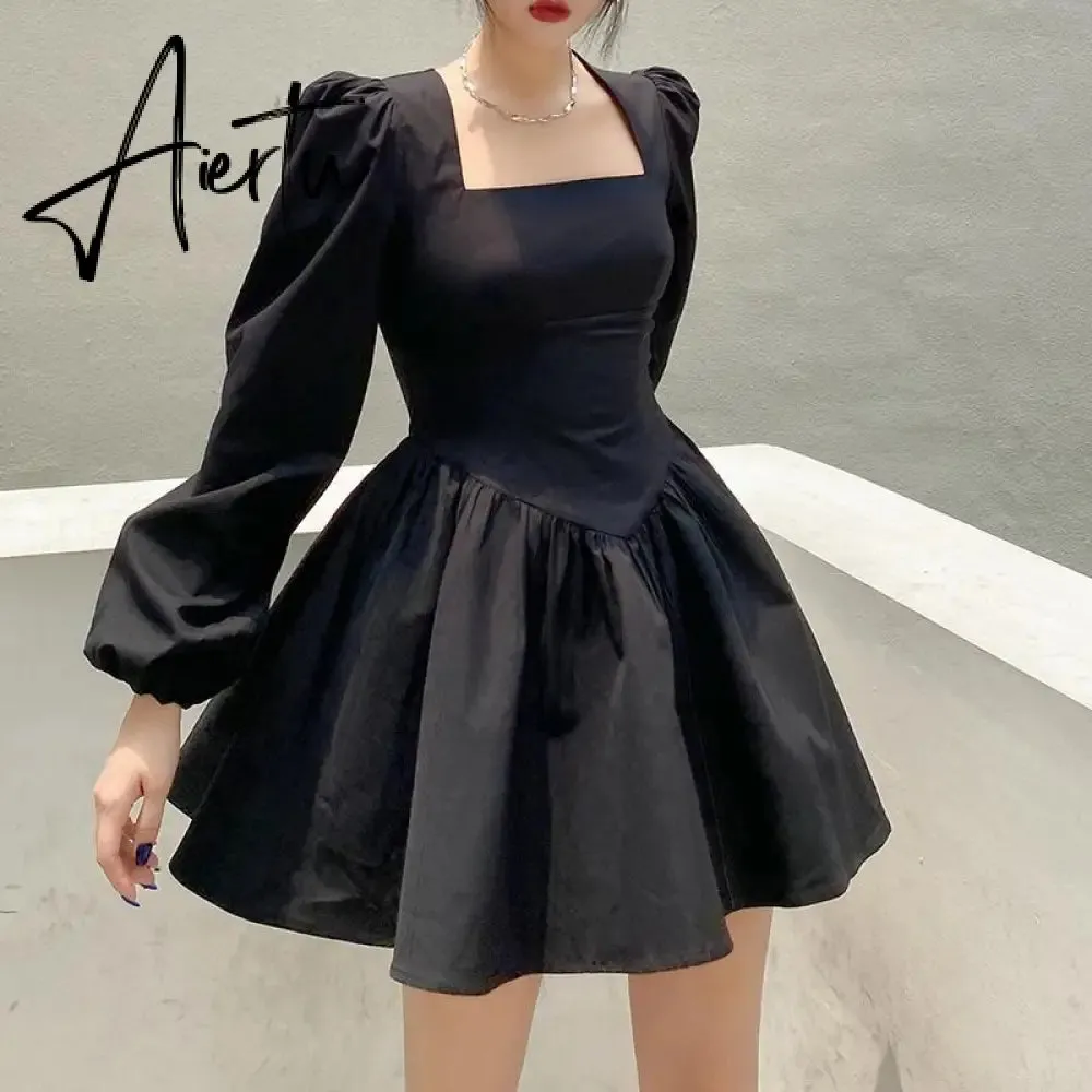 Aiertu  New Fashion Elegant Puff Long Sleeve Black Dress Women Corset Summer Clothes Goth Sexy Party Club Outfits Mini Pleated Skirt Y2k