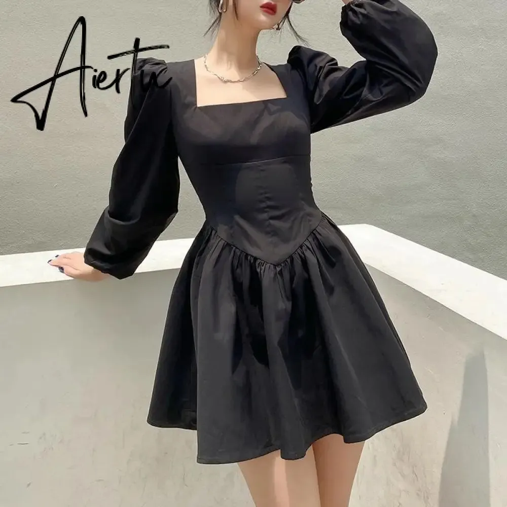 Aiertu  New Fashion Elegant Puff Long Sleeve Black Dress Women Corset Summer Clothes Goth Sexy Party Club Outfits Mini Pleated Skirt Y2k