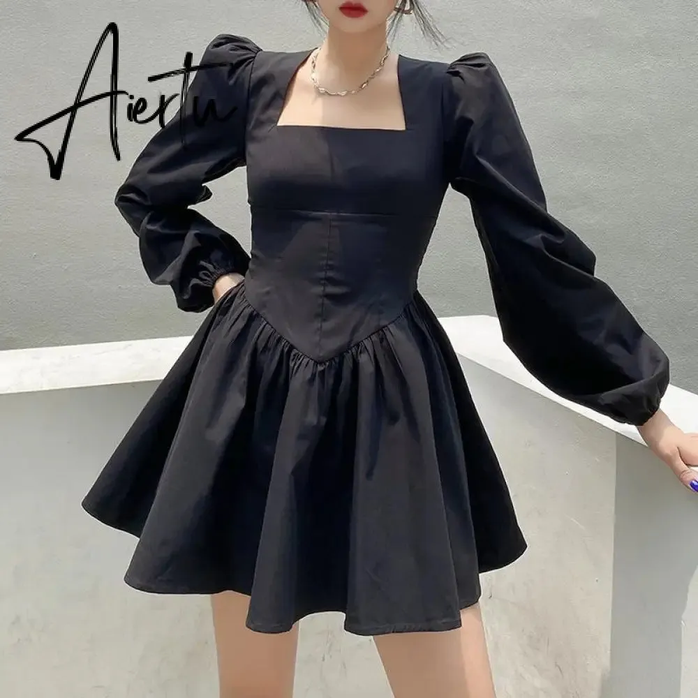 Aiertu  New Fashion Elegant Puff Long Sleeve Black Dress Women Corset Summer Clothes Goth Sexy Party Club Outfits Mini Pleated Skirt Y2k