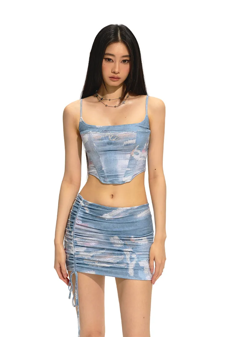 All-Over Print U-Neck Corset Tank Top and Ruched Bodycon Skirt Set