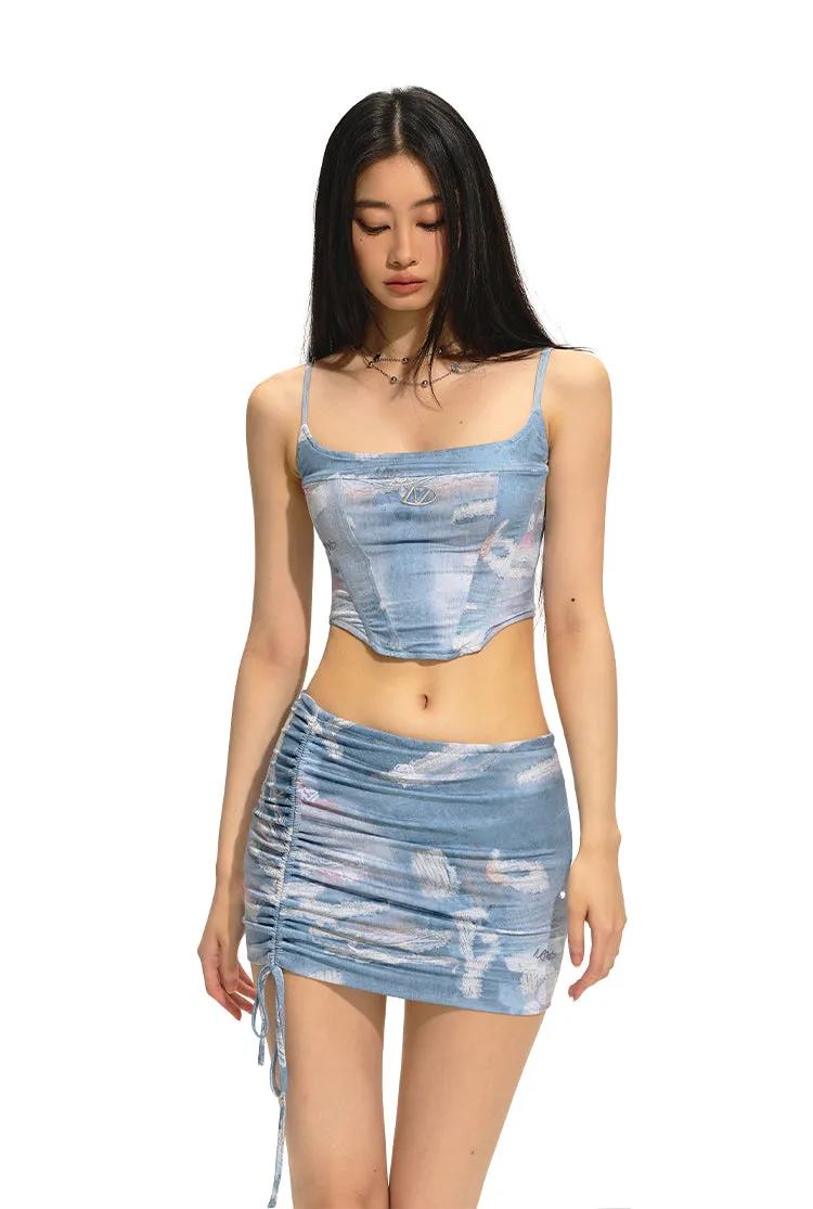 All-Over Print U-Neck Corset Tank Top and Ruched Bodycon Skirt Set