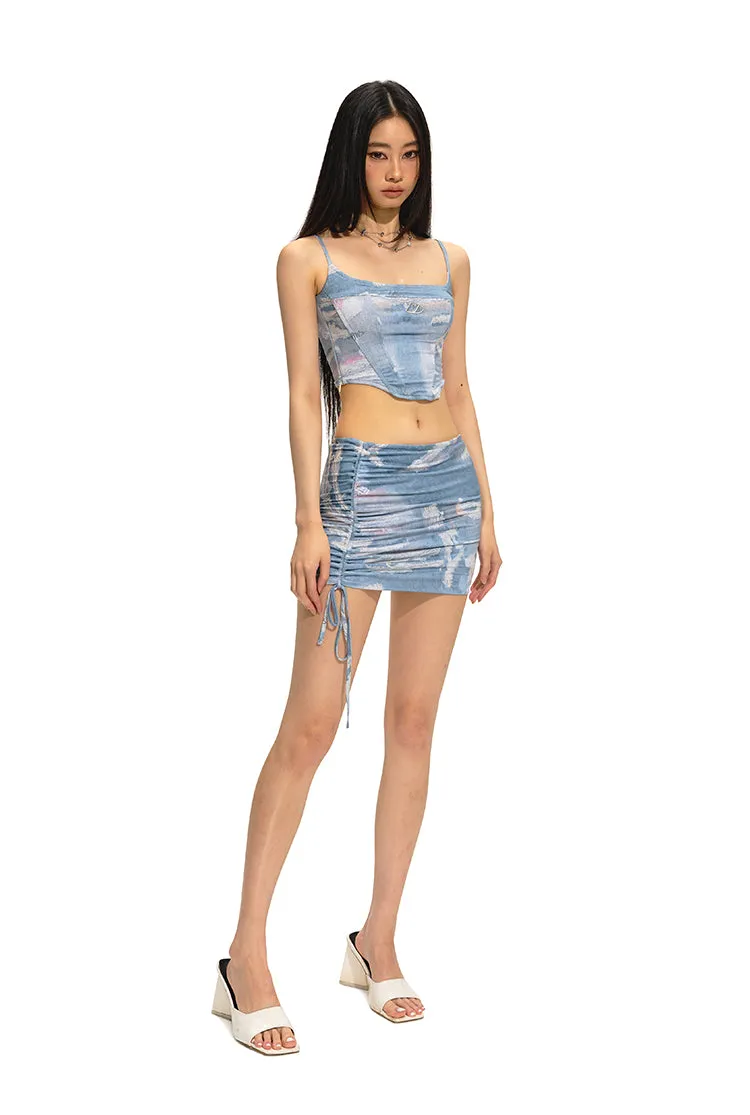 All-Over Print U-Neck Corset Tank Top and Ruched Bodycon Skirt Set