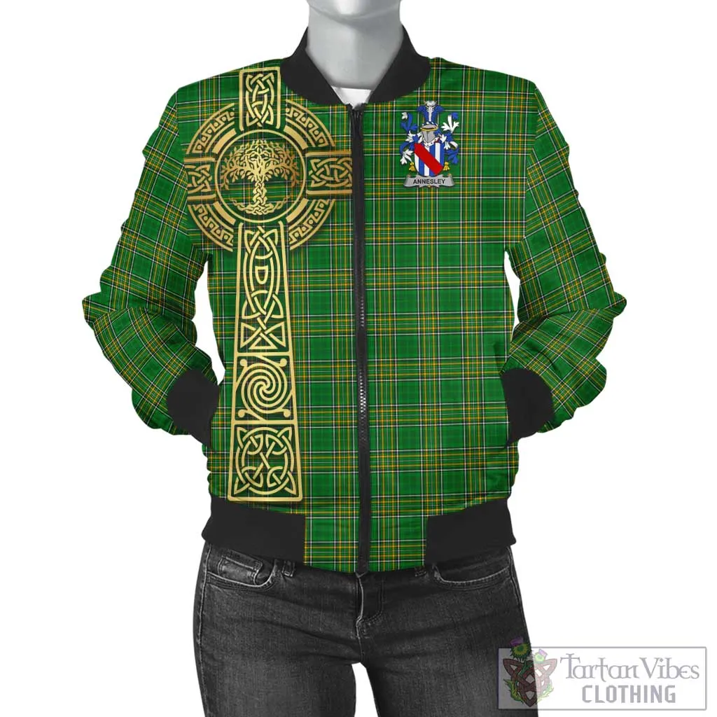 Annesley Irish Clan Tartan Bomber Jacket with Coat of Arms Celtic Tree of Life Style