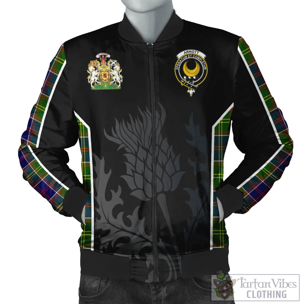 Arnott Tartan Bomber Jacket with Family Crest and Scottish Thistle Vibes Sport Style