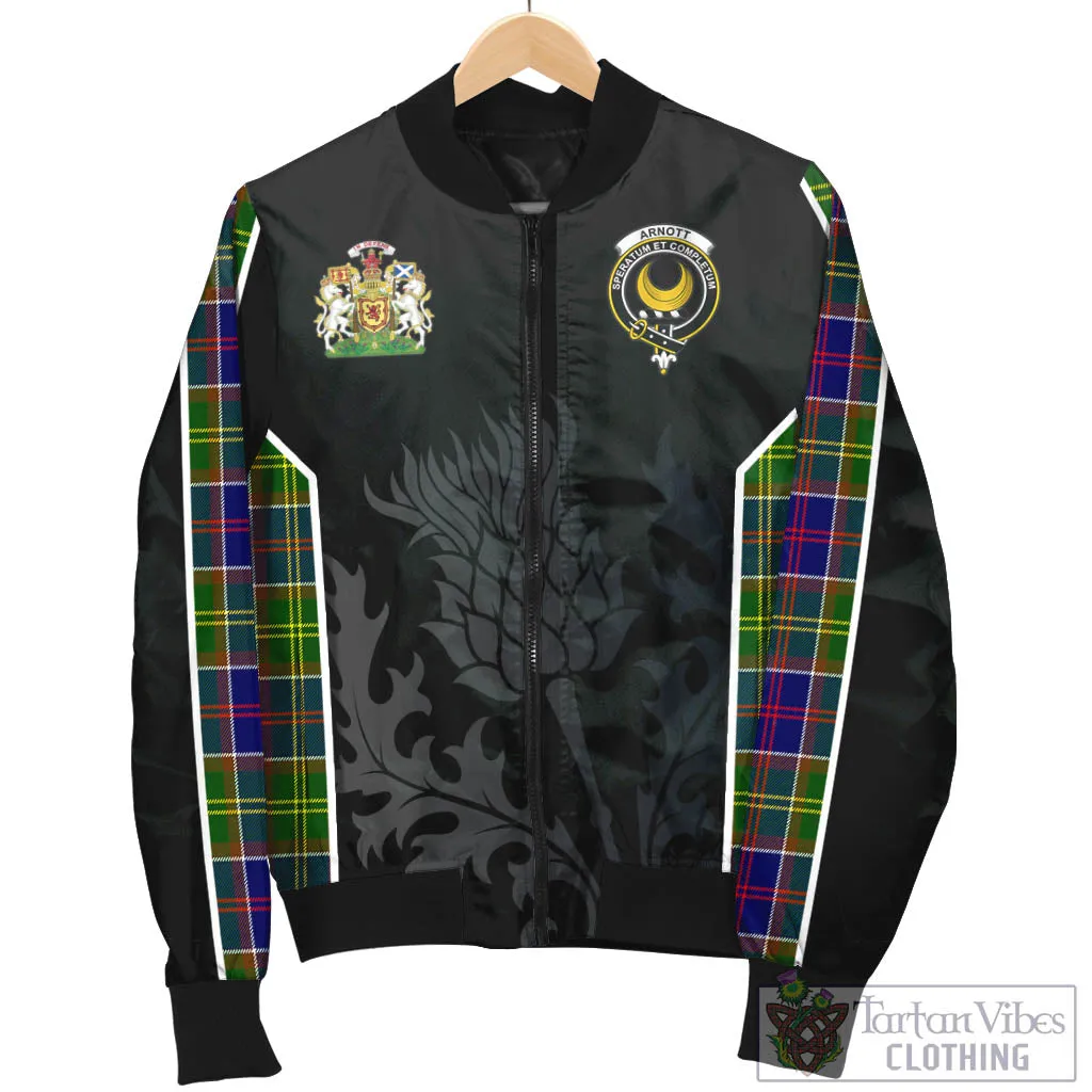 Arnott Tartan Bomber Jacket with Family Crest and Scottish Thistle Vibes Sport Style