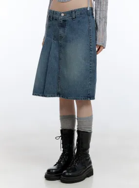 Asymmetrical Pleated Washed Midi Denim Skirt CG412