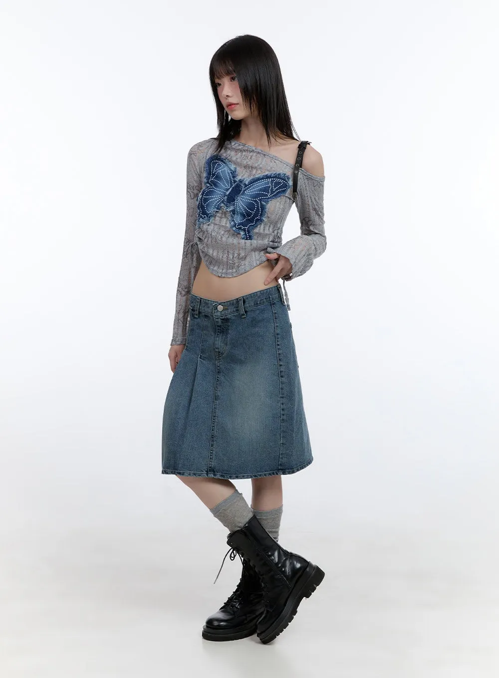 Asymmetrical Pleated Washed Midi Denim Skirt CG412