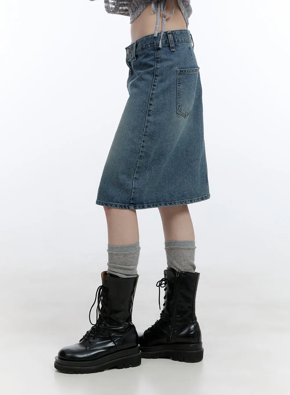 Asymmetrical Pleated Washed Midi Denim Skirt CG412