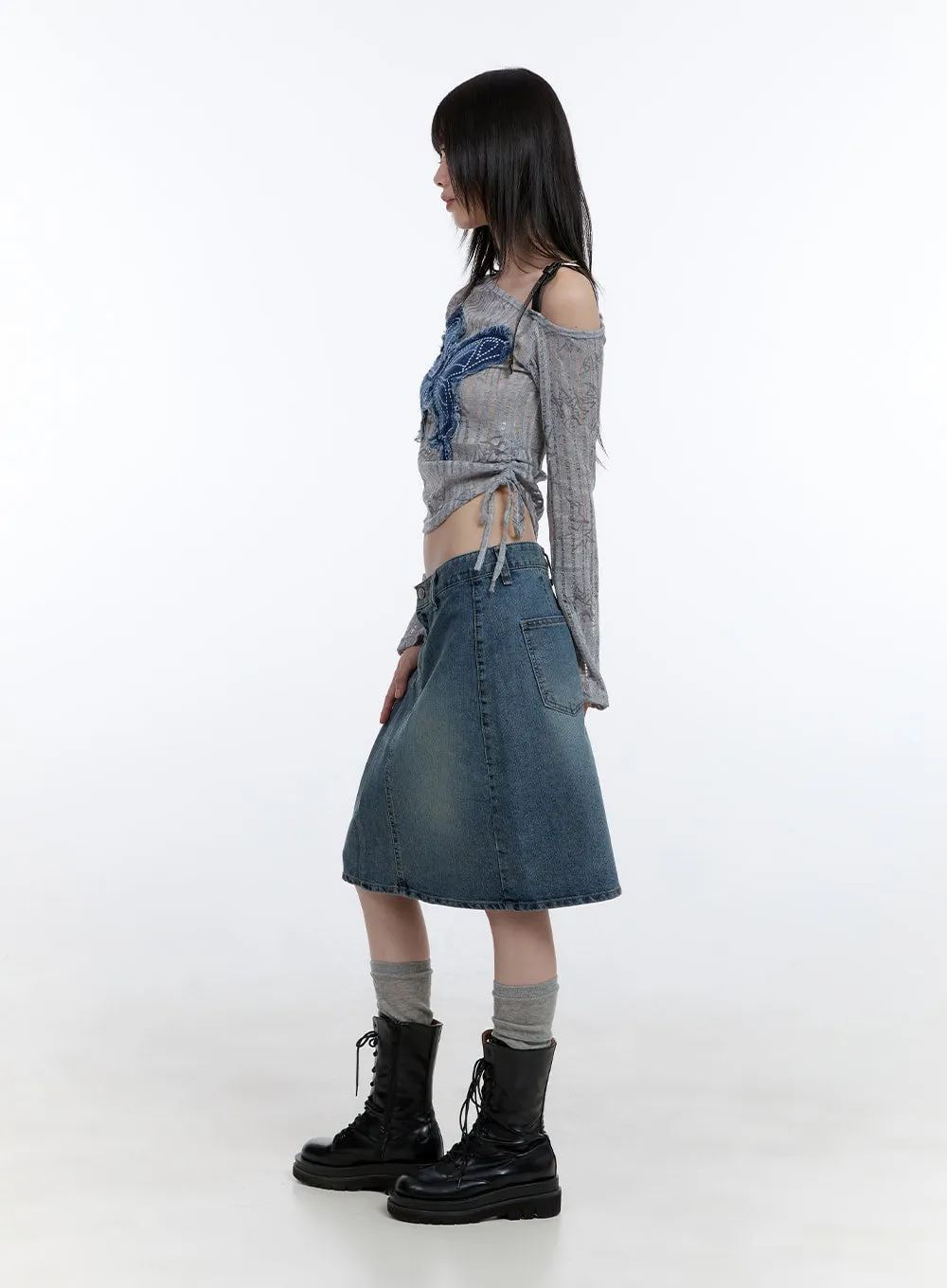 Asymmetrical Pleated Washed Midi Denim Skirt CG412