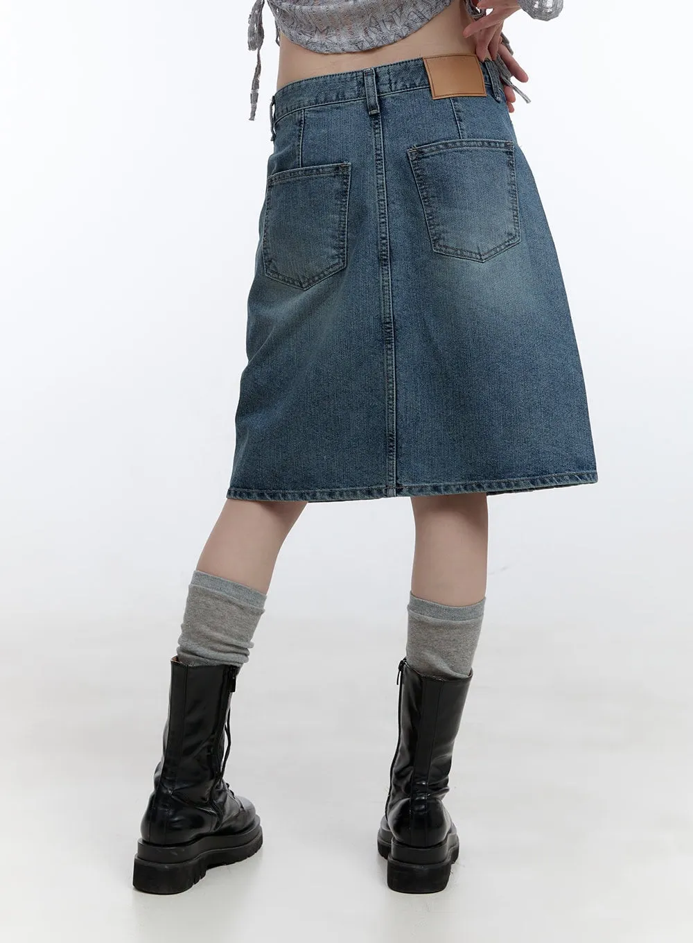 Asymmetrical Pleated Washed Midi Denim Skirt CG412