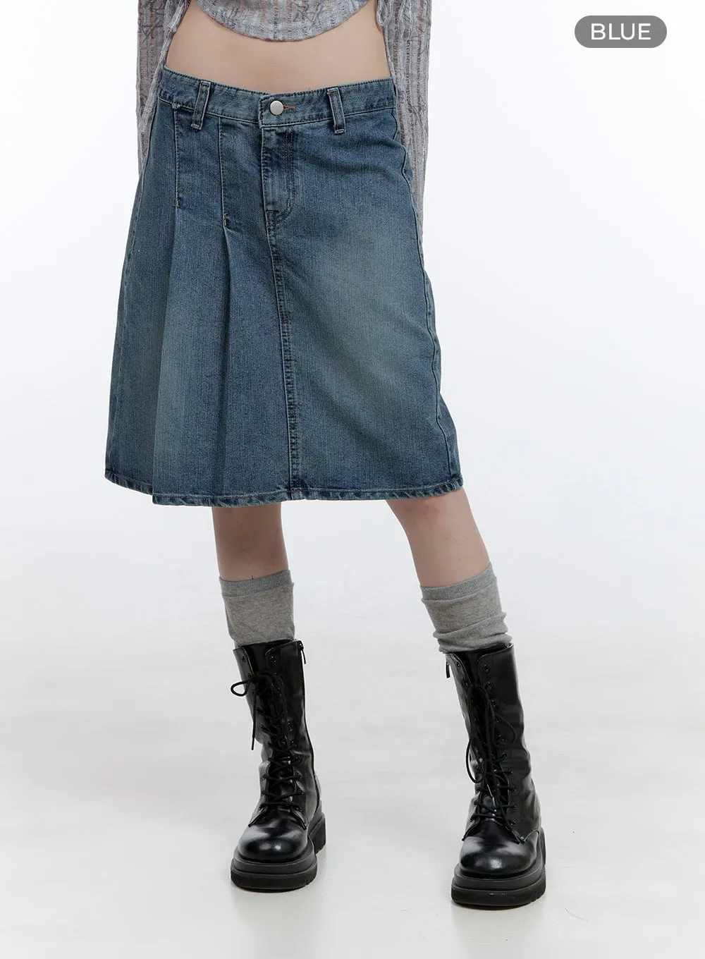 Asymmetrical Pleated Washed Midi Denim Skirt CG412