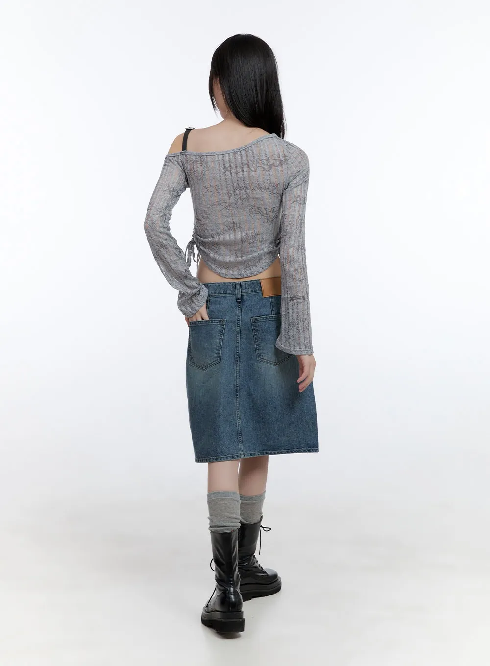 Asymmetrical Pleated Washed Midi Denim Skirt CG412