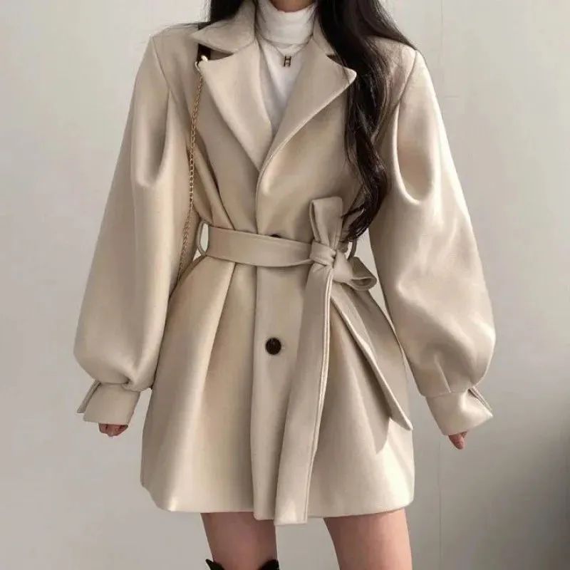 Autumn Winter Wool Jacket Women Clothing Woolen Coat Loose Lace-Up Single-Breasted Solid Wool Blend Coats Elegant Chic Outerwear