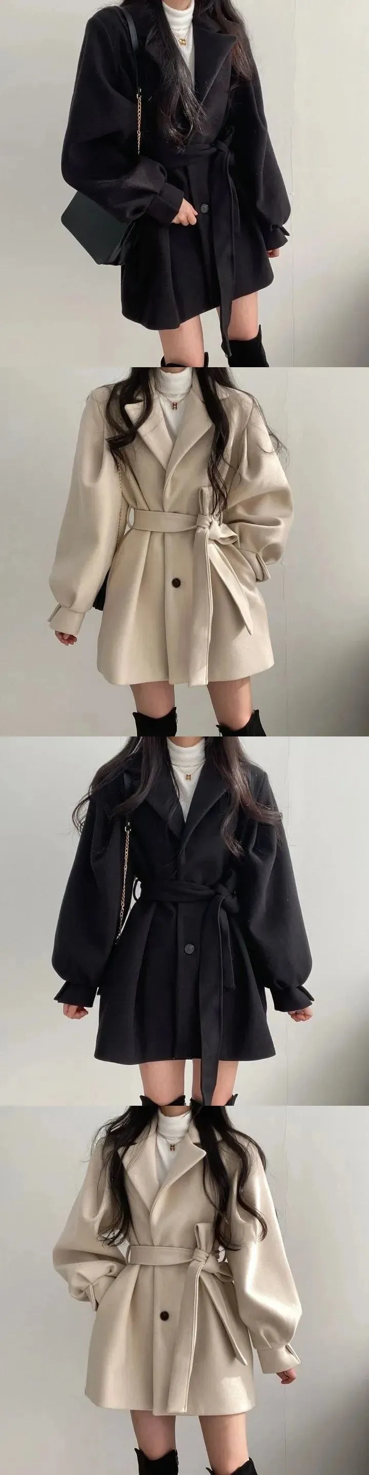 Autumn Winter Wool Jacket Women Clothing Woolen Coat Loose Lace-Up Single-Breasted Solid Wool Blend Coats Elegant Chic Outerwear