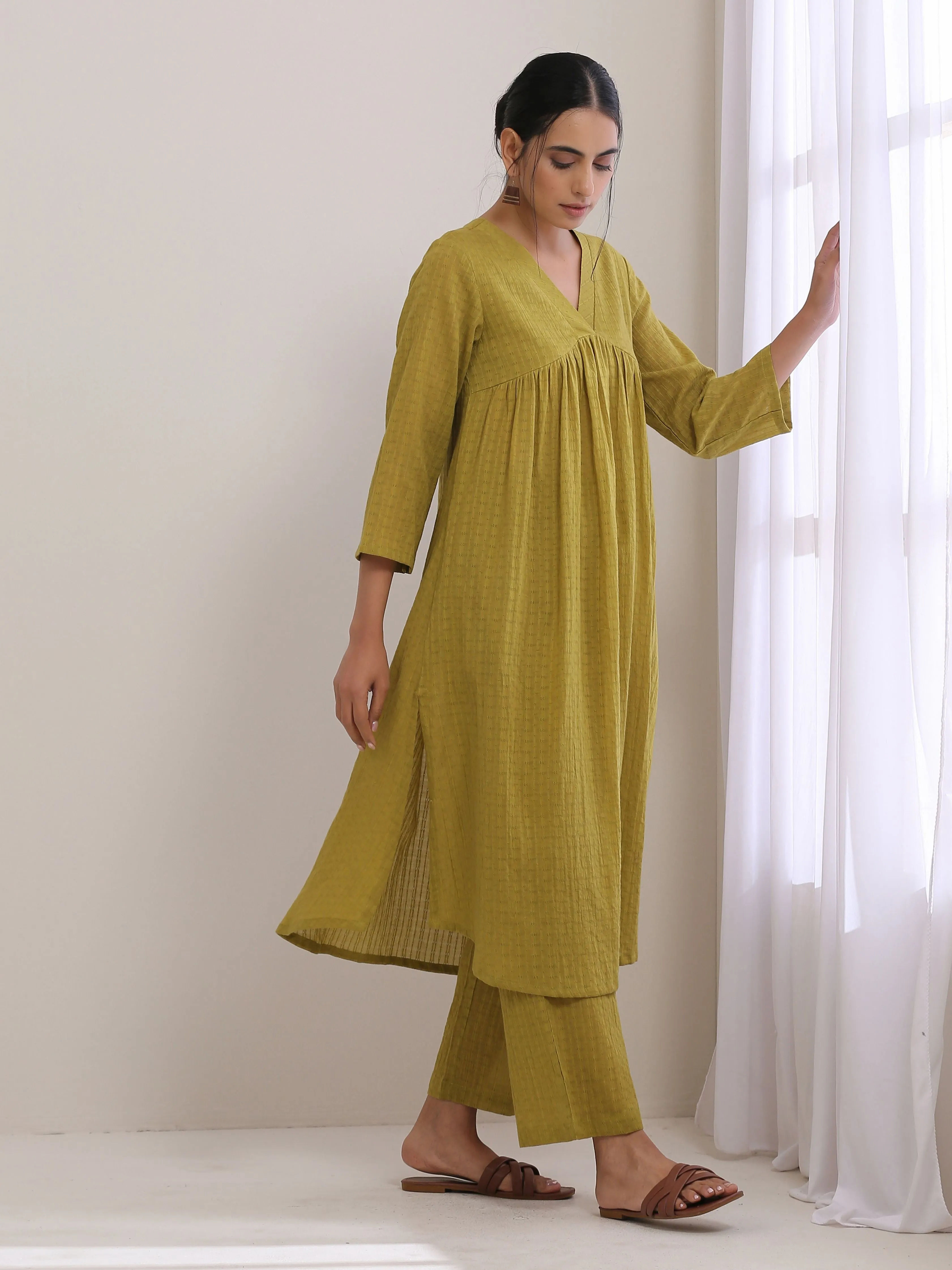 Avacado Green Dobby Flared Slit Kurta Pant Set