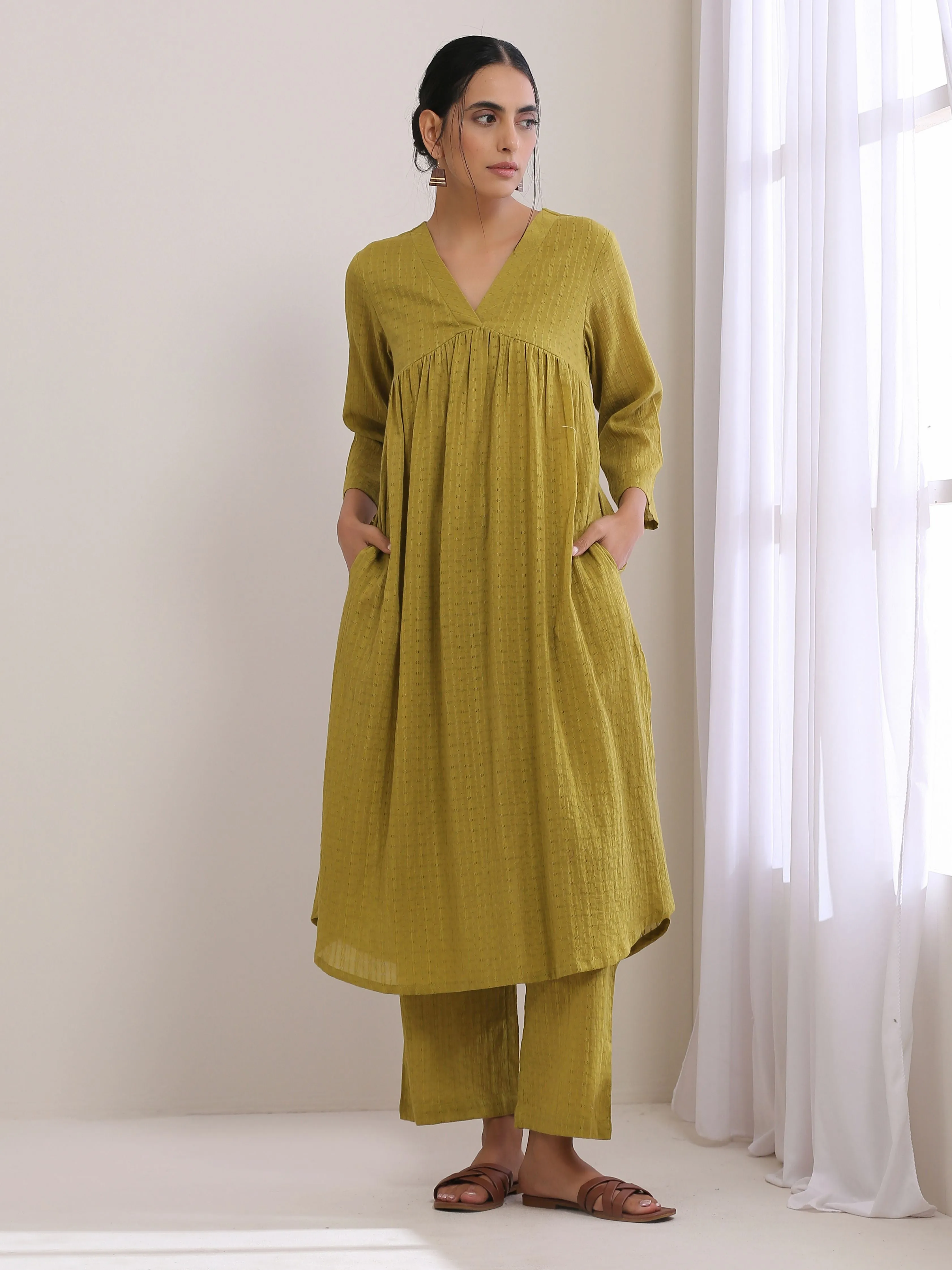 Avacado Green Dobby Flared Slit Kurta Pant Set