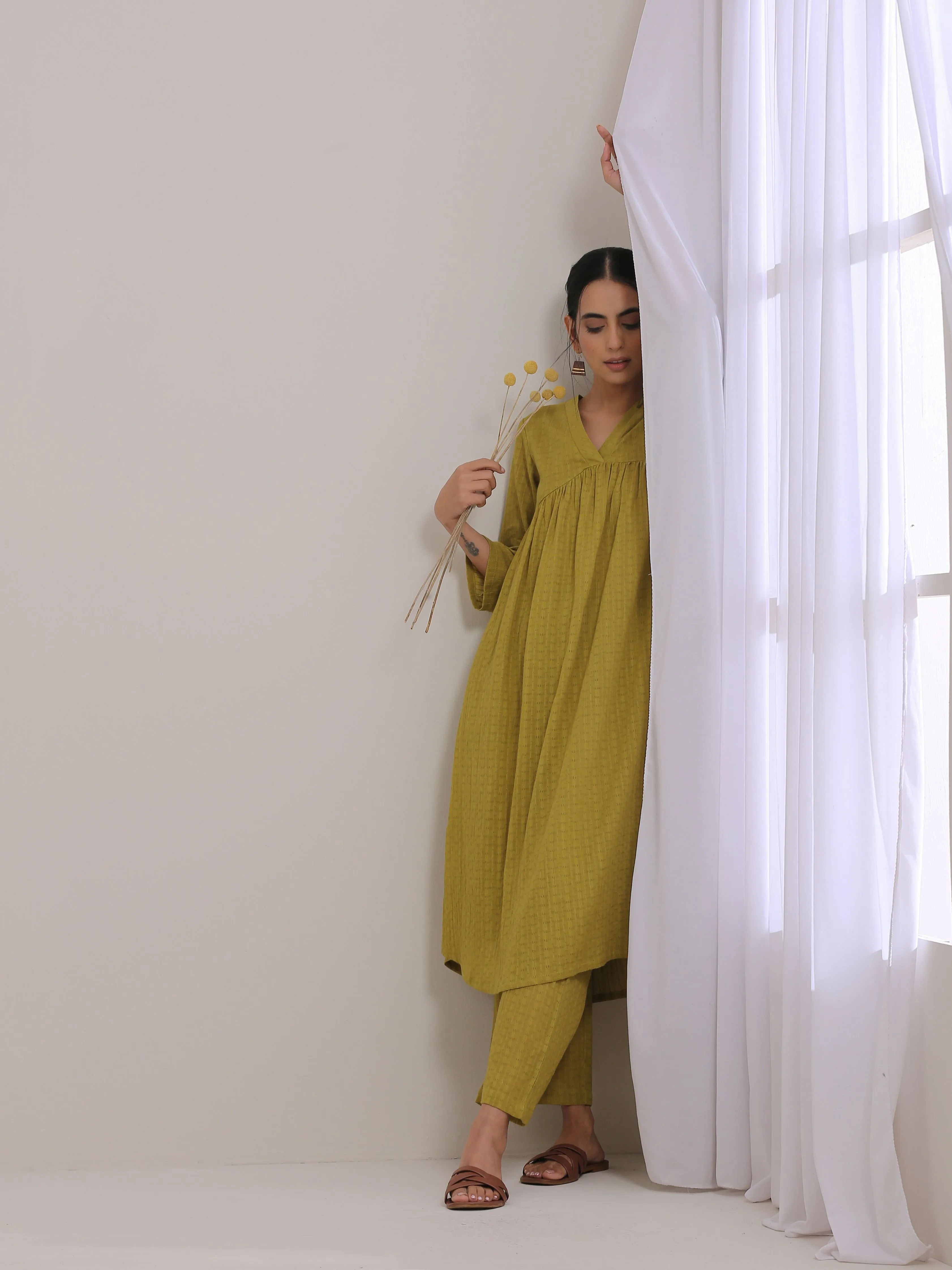 Avacado Green Dobby Flared Slit Kurta Pant Set