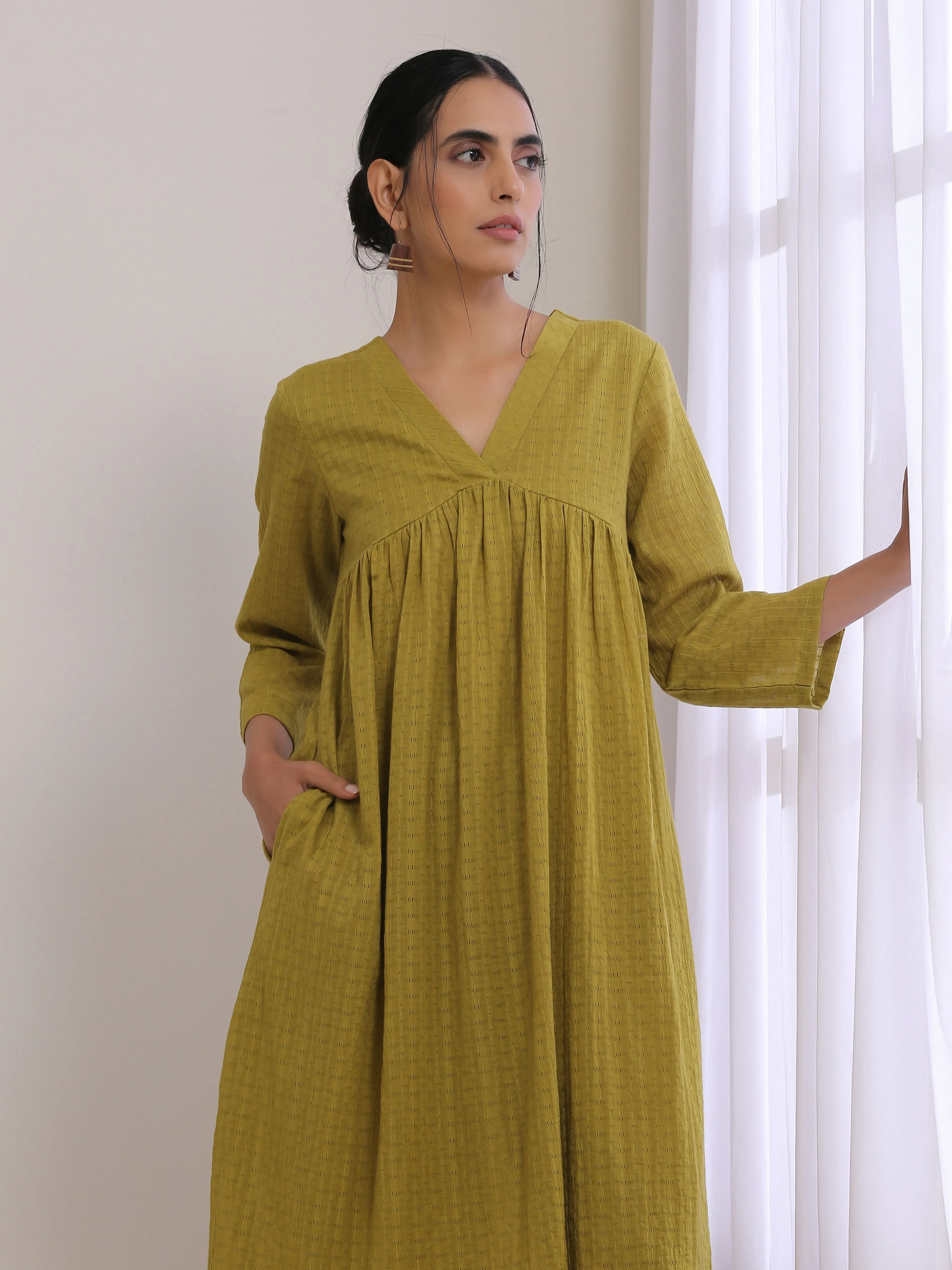 Avacado Green Dobby Flared Slit Kurta Pant Set