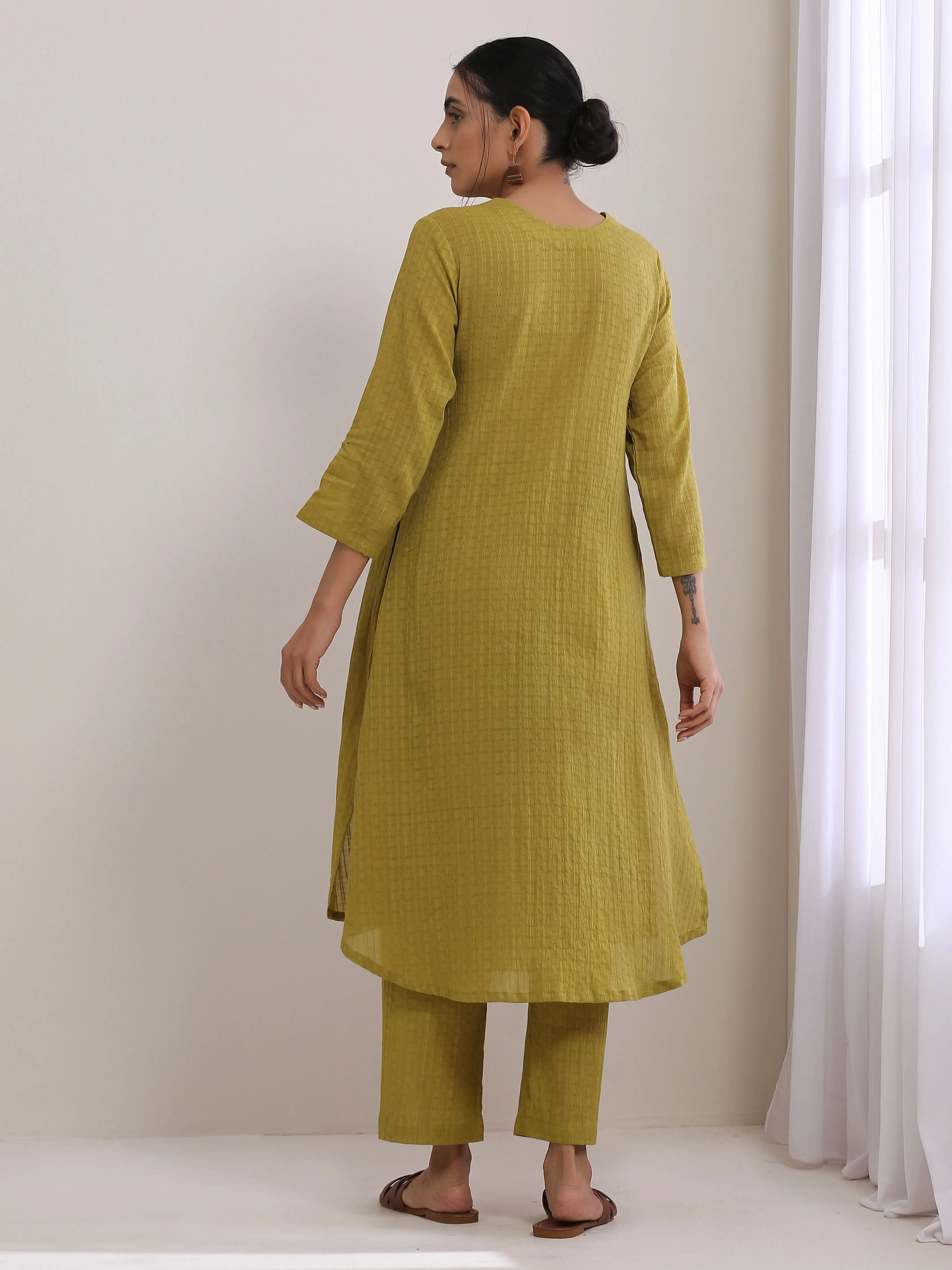 Avacado Green Dobby Flared Slit Kurta Pant Set