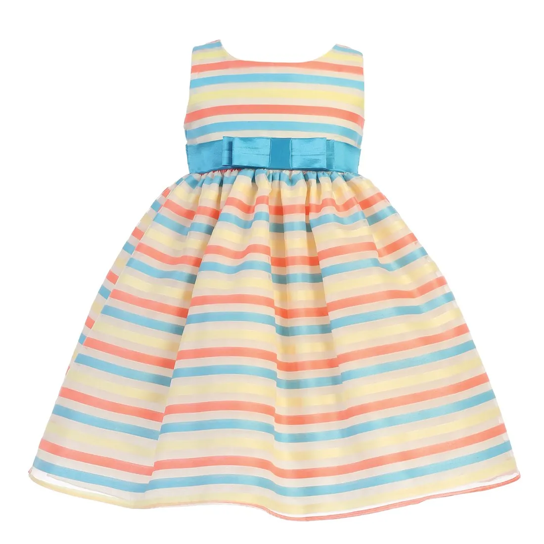 Baby Girls Ivory Multi Color Stripes Organza Spring Easter Dress 6-24M