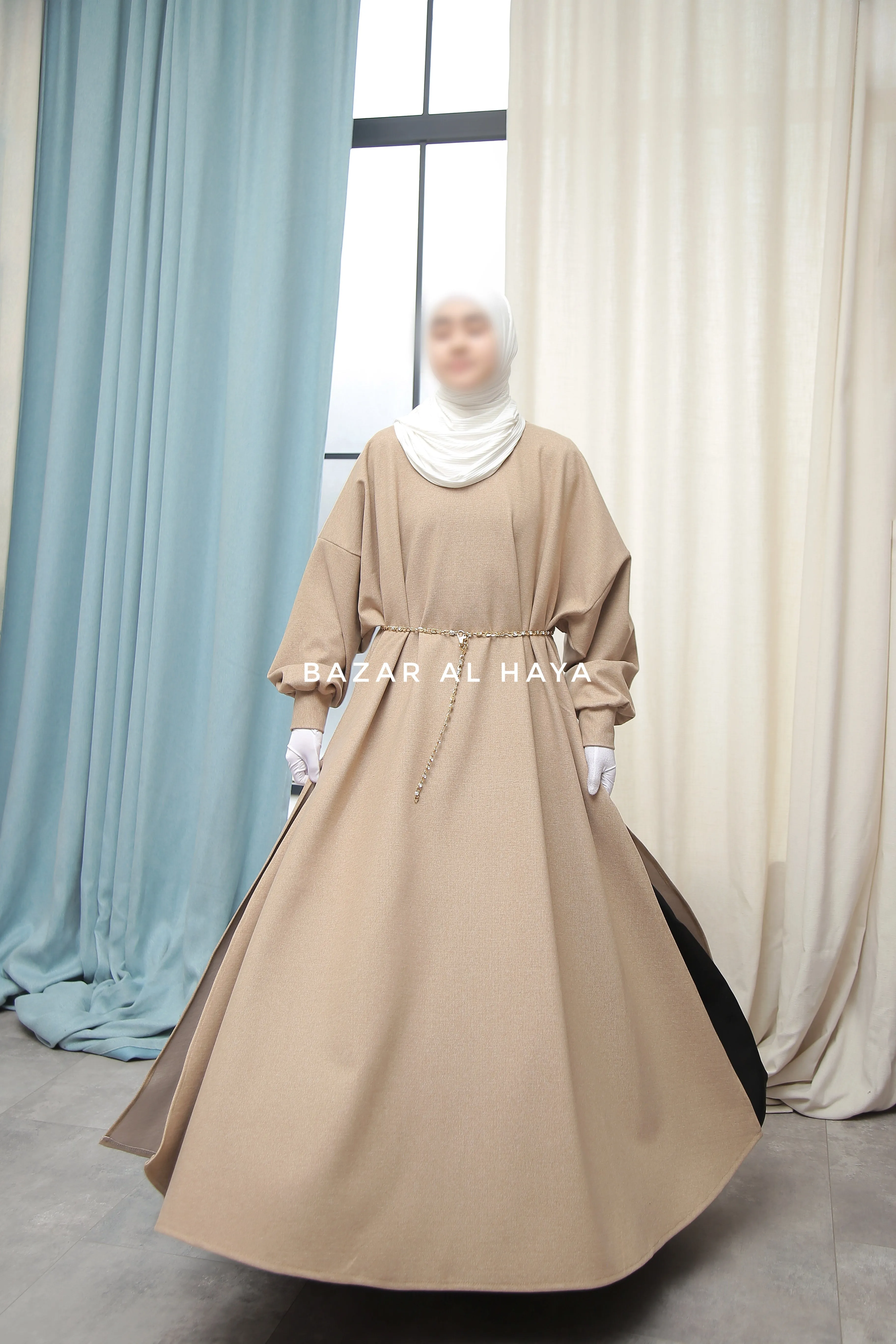 Basimah Beige Classic Design Warm Abaya Coat - Premium Wool