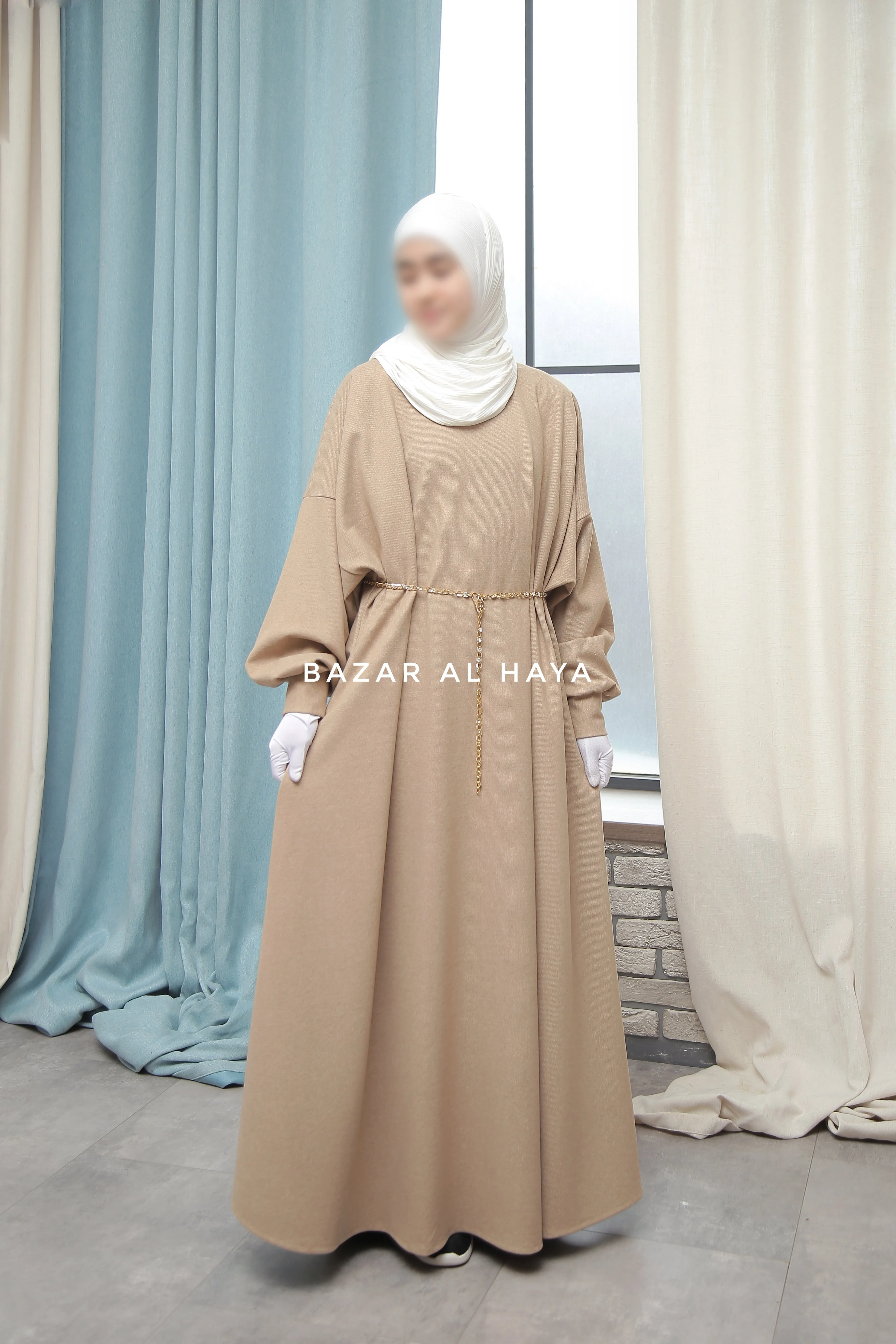 Basimah Beige Classic Design Warm Abaya Coat - Premium Wool