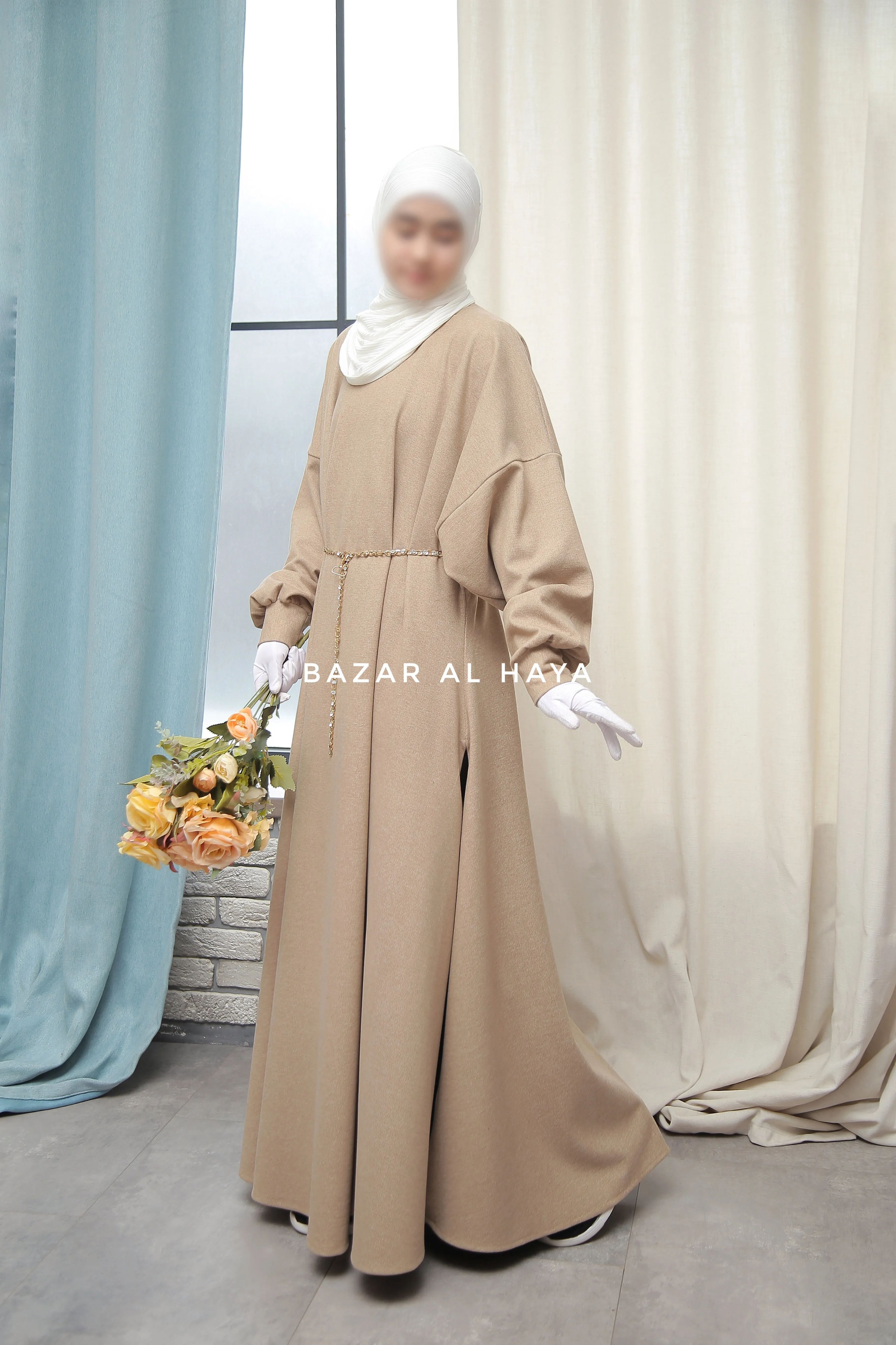 Basimah Beige Classic Design Warm Abaya Coat - Premium Wool